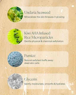 Skincare product ingredients with images and descriptions on a beige background