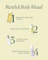 Restful Body Ritual routine graphic outlining steps to soak, balance mind and body, create serenity, and firm skin