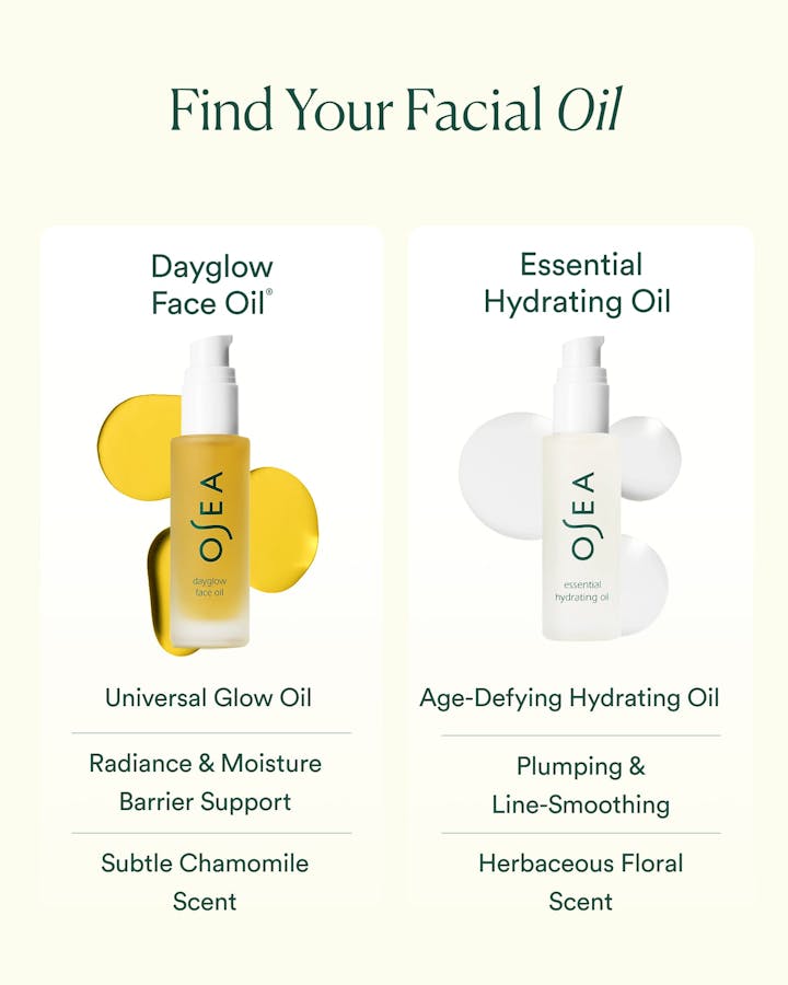 OSEA facial oils with product names and benefits on a white background