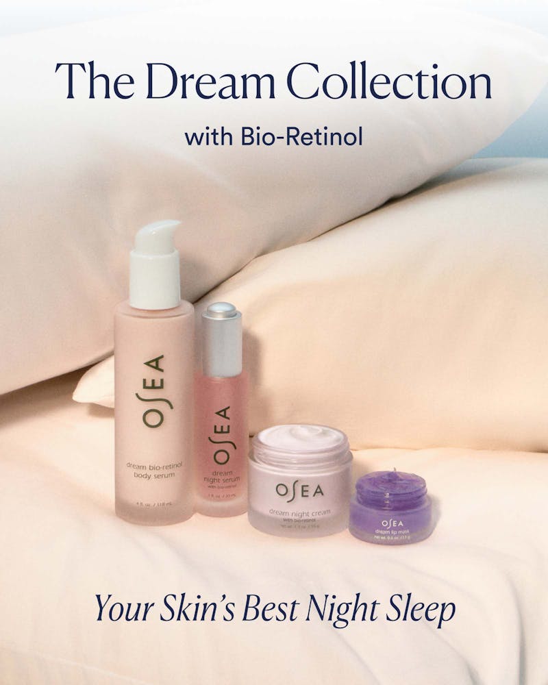 OSEA skincare products with 'The Dream Collection' text on a soft background
