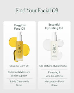 OSEA facial oils with product names and descriptions on a light gray background
