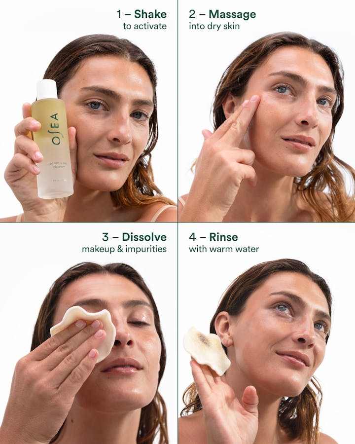 Step-by-step application: shake to activate, massage into dry skin, dissolve makeup, rinse with warm water