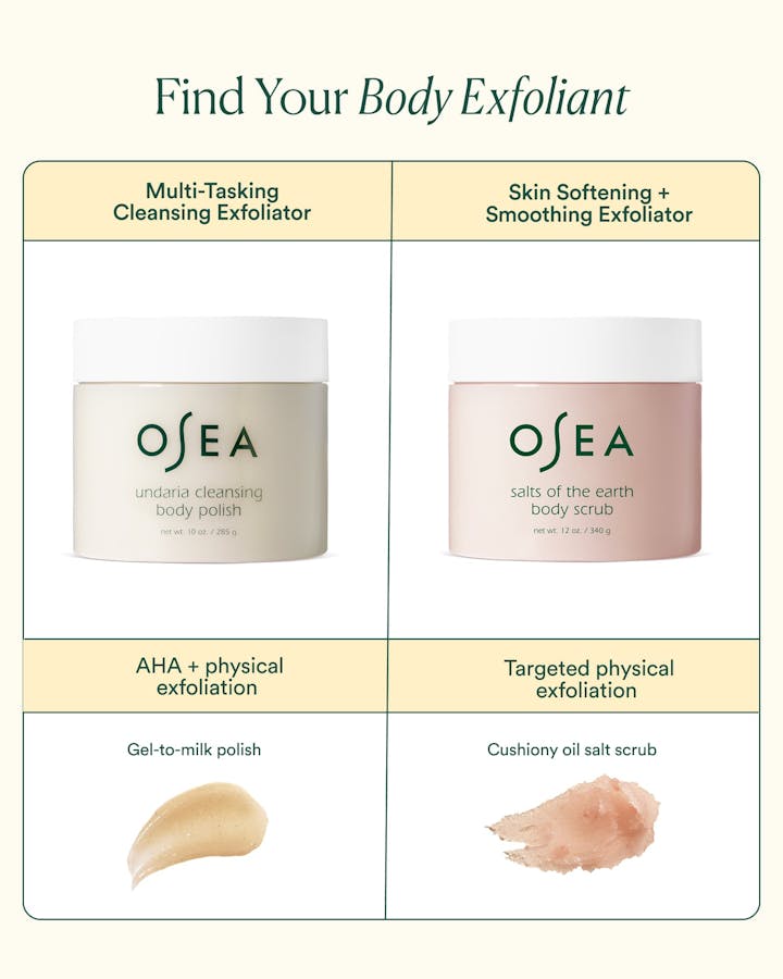 OSEA body exfoliant products with descriptions and application examples on a white background.