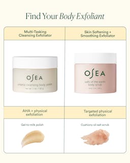 OSEA body exfoliant products with descriptions on a beige background