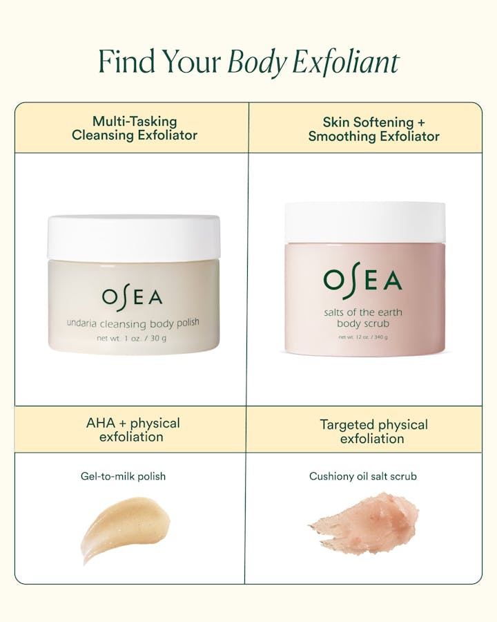 OSEA body exfoliant products with descriptions on a beige background