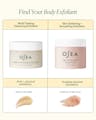 Body exfoliant comparison chart guiding gel-to-milk polish versus cushiony oil salt scrub