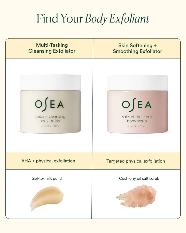 Osea body exfoliant products with descriptions on a white background