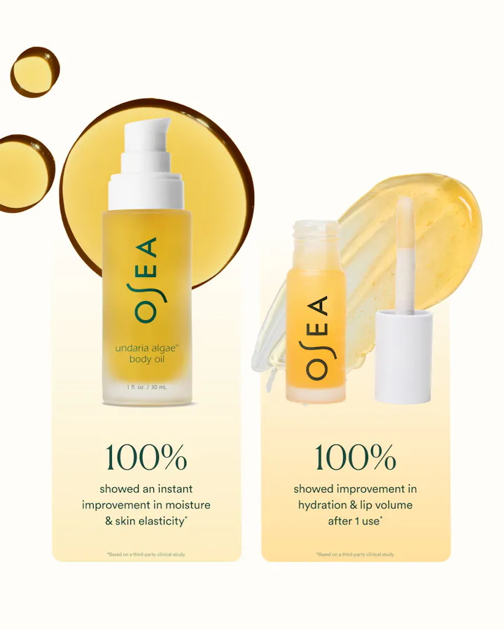 OSEA undaria algae body oil shown in two pump bottles with applicator, set against a pale cream background with golden liquid droplets and text claiming 100% improvement in moisture and skin elasticity.