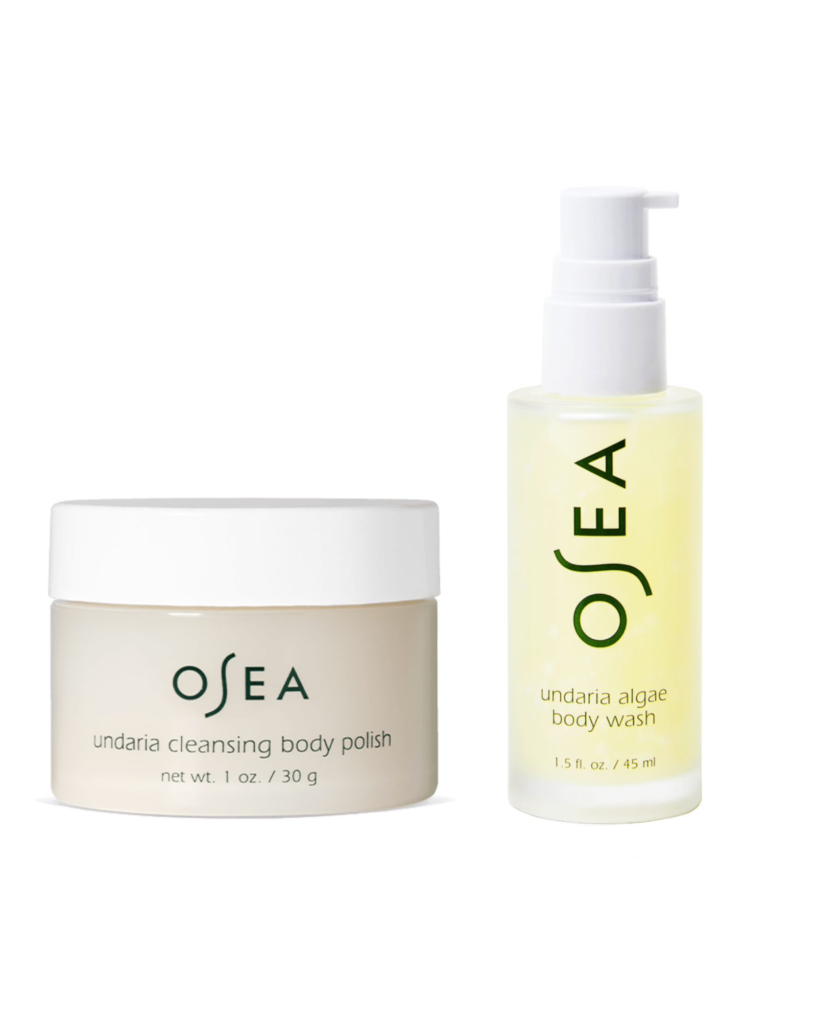 OSEA undaria cleansing body polish and undaria algae body wash on a white background