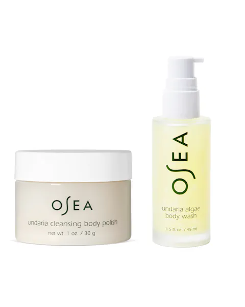 OSEA undaria cleansing body polish and undaria algae body wash on a white background