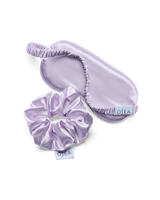 Set of lavender satin eye mask and scrunchie with 'Olea' branding on a white background