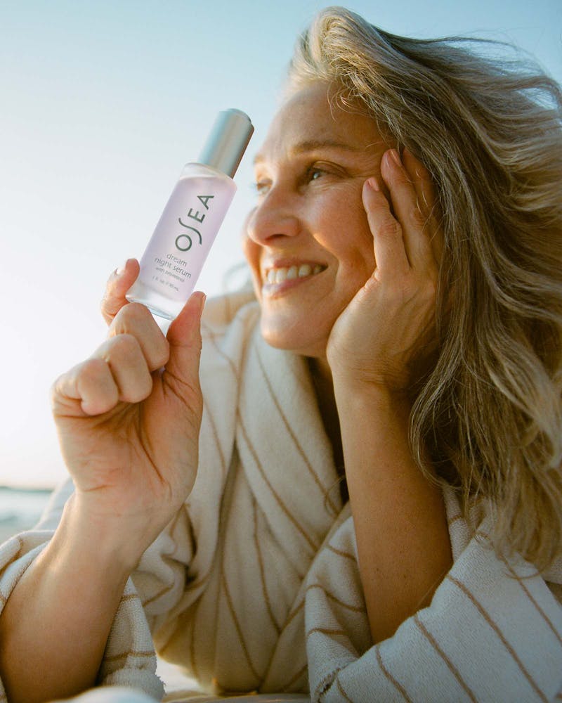 A bottle of OSEA Dream Night Serum with Bio-Retinol, designed for skincare.
