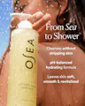 OSEA body wash bottle with text about product benefits on a blurred shower background