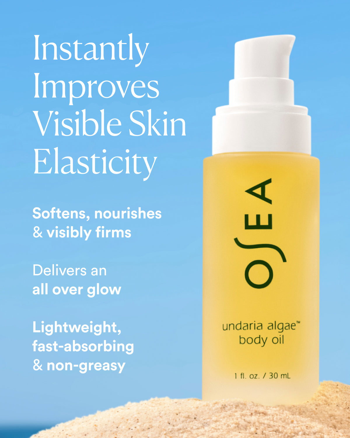 OSEA undaria algae body oil bottle with text on a blue background