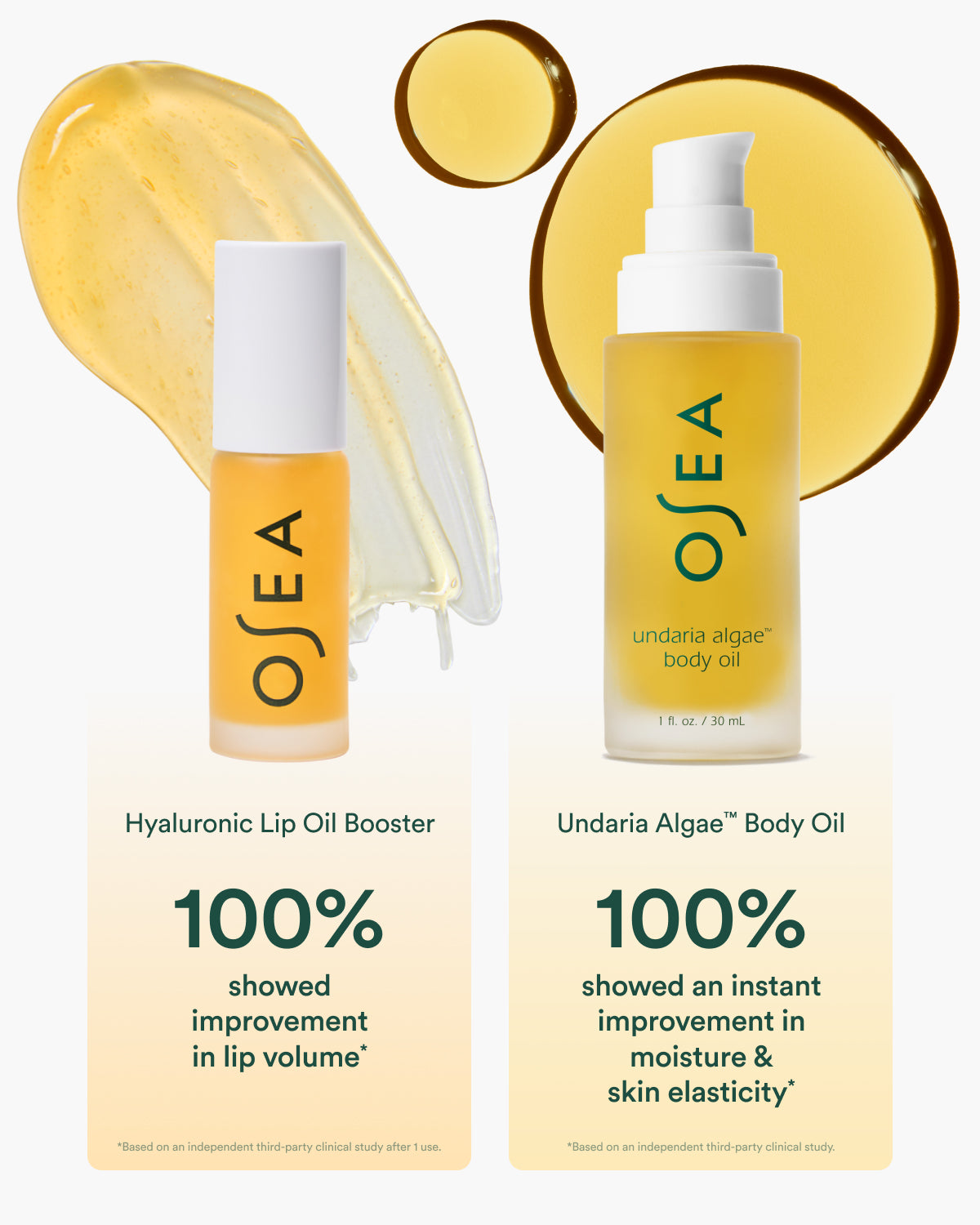 Two OSEA skincare products with text on a light yellow background