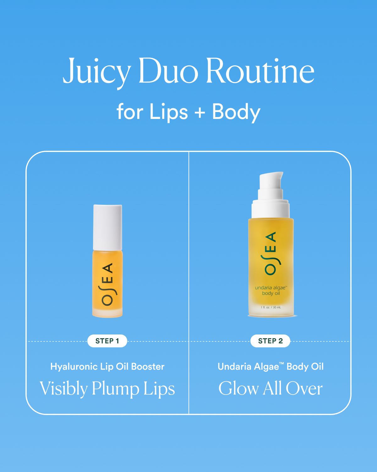 Two OJEA products for lips and body on a blue background with text 'Juicy Duo Routine for Lips + Body'.