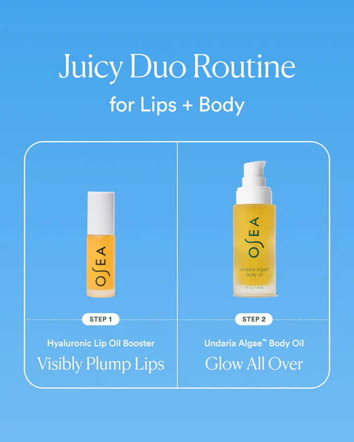 Two OJEA products for lips and body on a blue background with text 'Juicy Duo Routine for Lips + Body'.