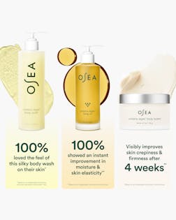 OSEA skincare products including body wash, oil, and body butter with text on a white background