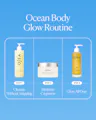 Ocea skincare products for a 'Ocean Body Glow Routine' on a blue background
