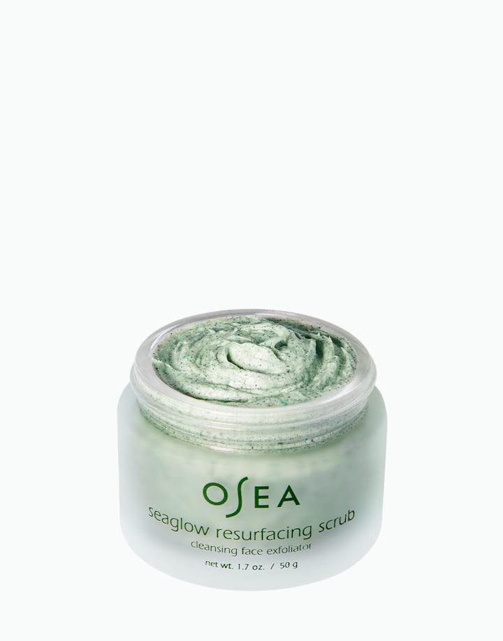 Open jar of OSEA Seaglow Scrub showing whipped green texture