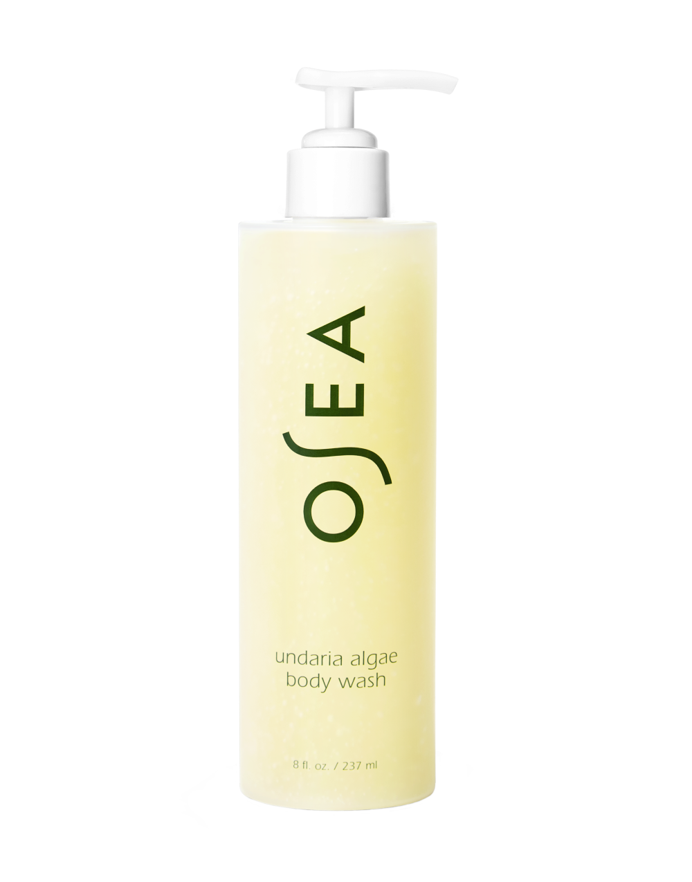A pump bottle of OSEA body wash with a light yellow hue and green text, labeled 'undaria algae body wash'.