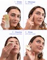 Step-by-step visual guide showing Ocean Wave Cleanser: shake to activate, massage into dry skin, dissolve makeup and impurities, then rinse with warm water