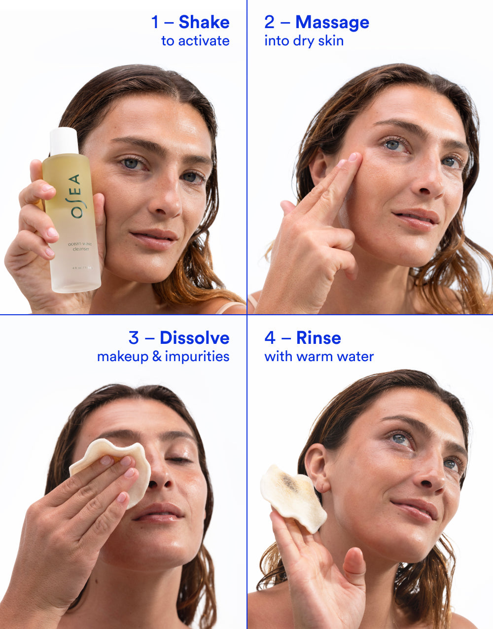 Step-by-step guide on using a facial cleanser with a woman demonstrating each step.