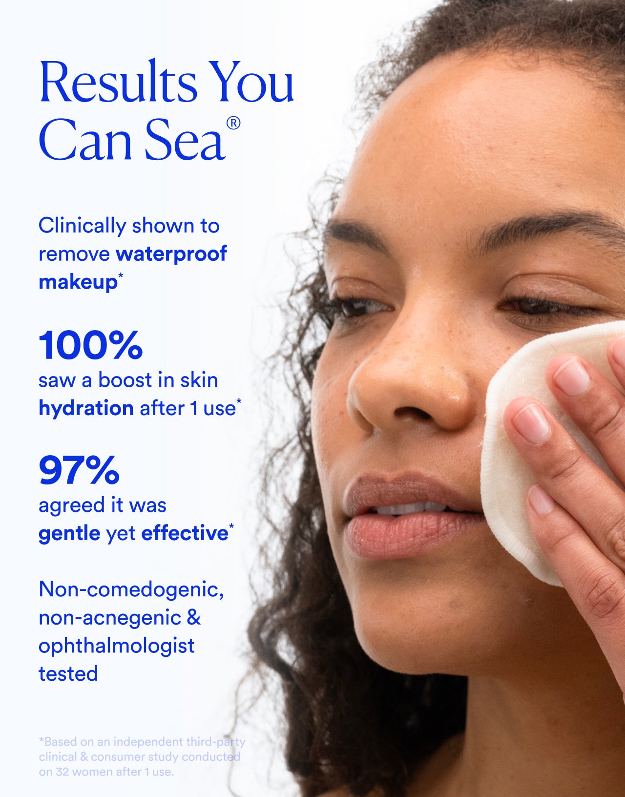 Woman applying a skincare product with text about product effectiveness.