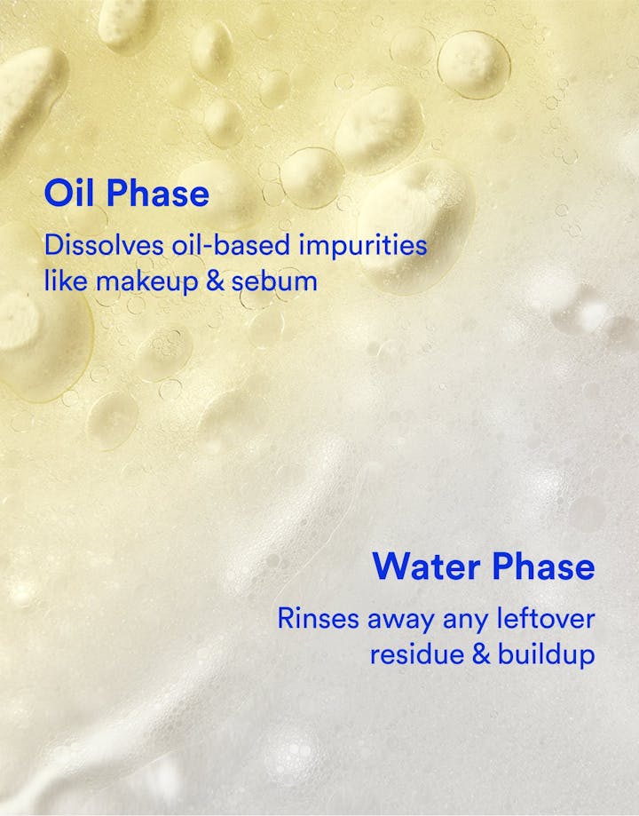 Text describing oil and water phases with a close-up of skincare product texture.
