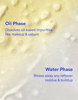 Text describing oil and water phases with a close-up of skincare product texture.