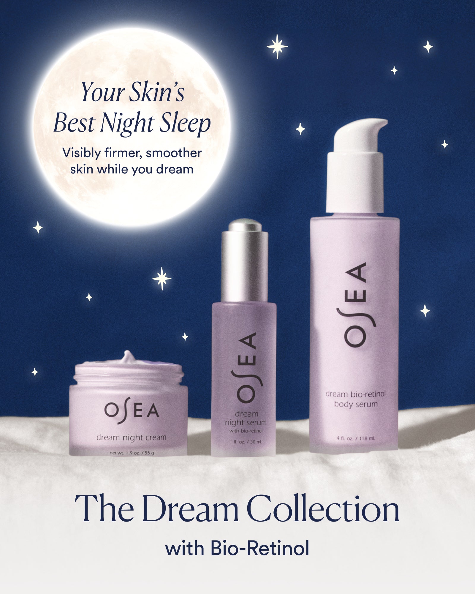 OSEA skincare products with a moon and stars in the background, promoting 'Your Skin's Best Night Sleep'.