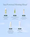 Olea skincare product lineup with step-by-step description on a light blue background