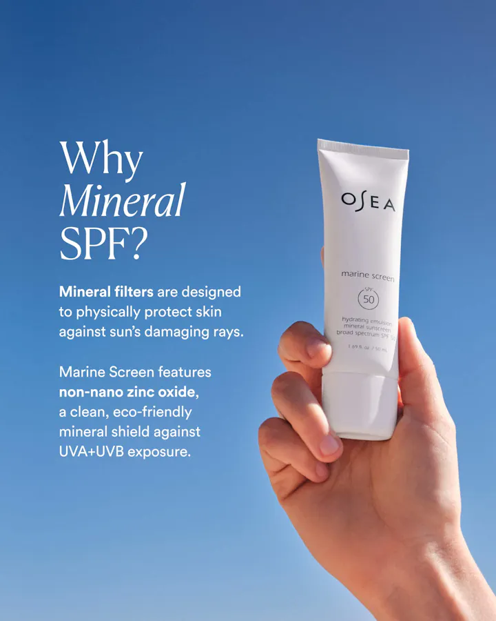Osea sunscreen tube held in a hand with blue background and text about mineral SPF.