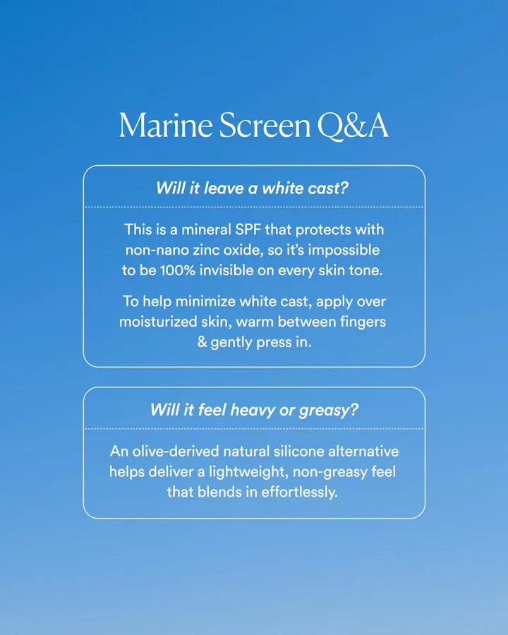 Marine Screen Q&A on a blue background with text about mineral SPF and texture.