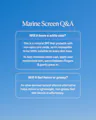 Marine Screen Q&A on a blue background with text about mineral SPF and texture.