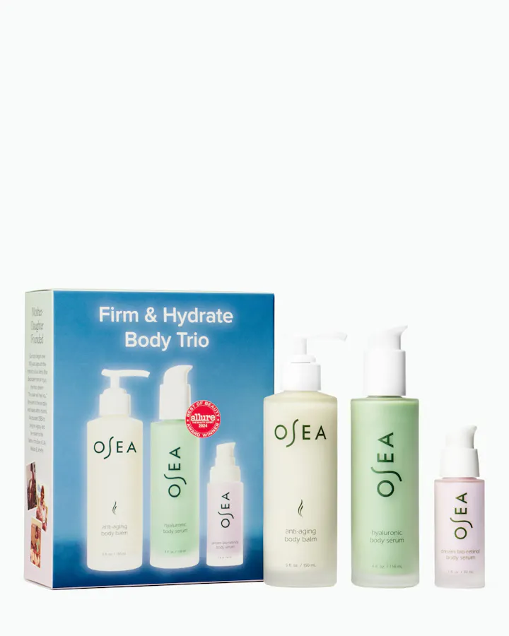OSEA Firm & Hydrate Body Trio set with packaging on a white background