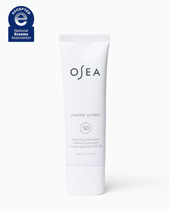 OSEA marine screen sunscreen tube on a white background with National Eczema Association acceptance badge.