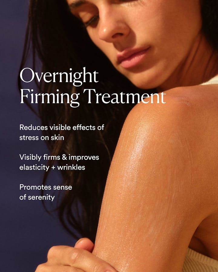 Woman with text about an overnight firming treatment on a blue background