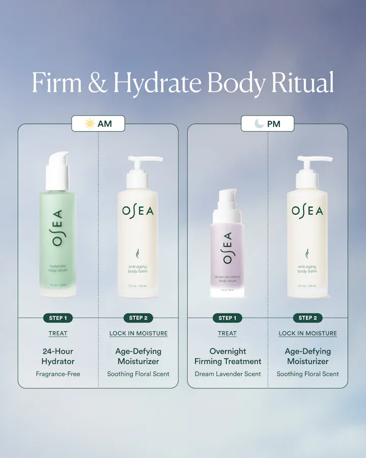 OSEA skincare products for a firm and hydrate body ritual on a gradient background.