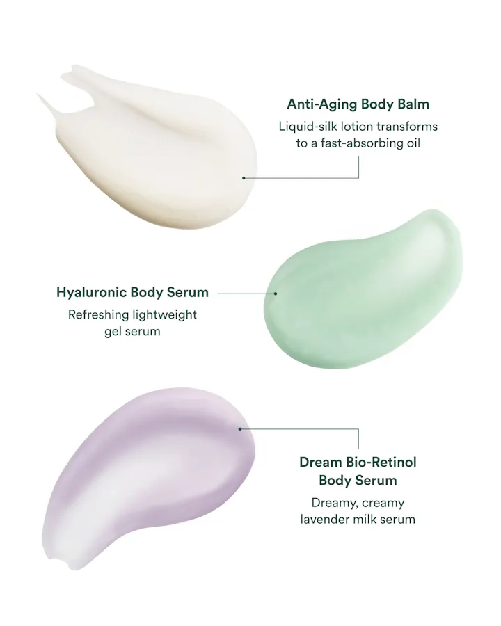 Three different body serums with labels on a white background