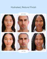 Before and after comparison of facial skin with a hydrating finish on a light blue background.