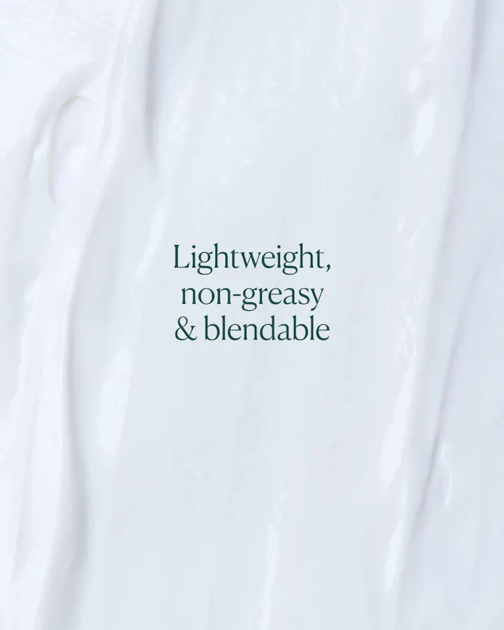Text 'Lightweight, non-greasy & blendable' on a white background
