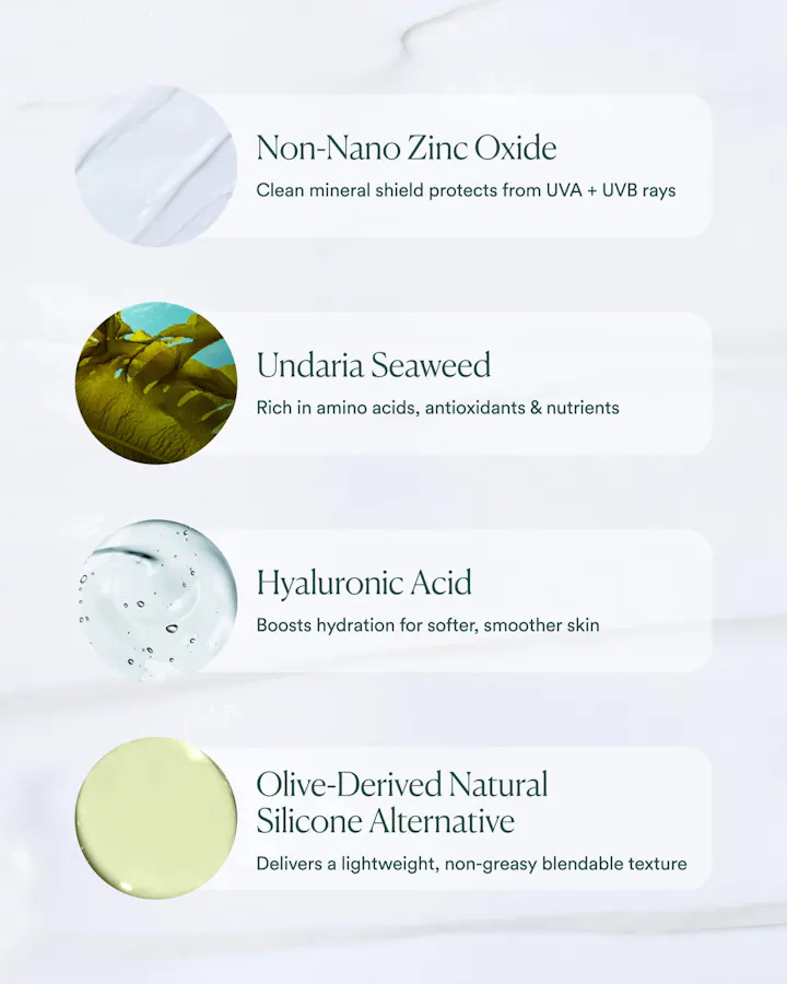 Skincare product ingredients with text on a white background