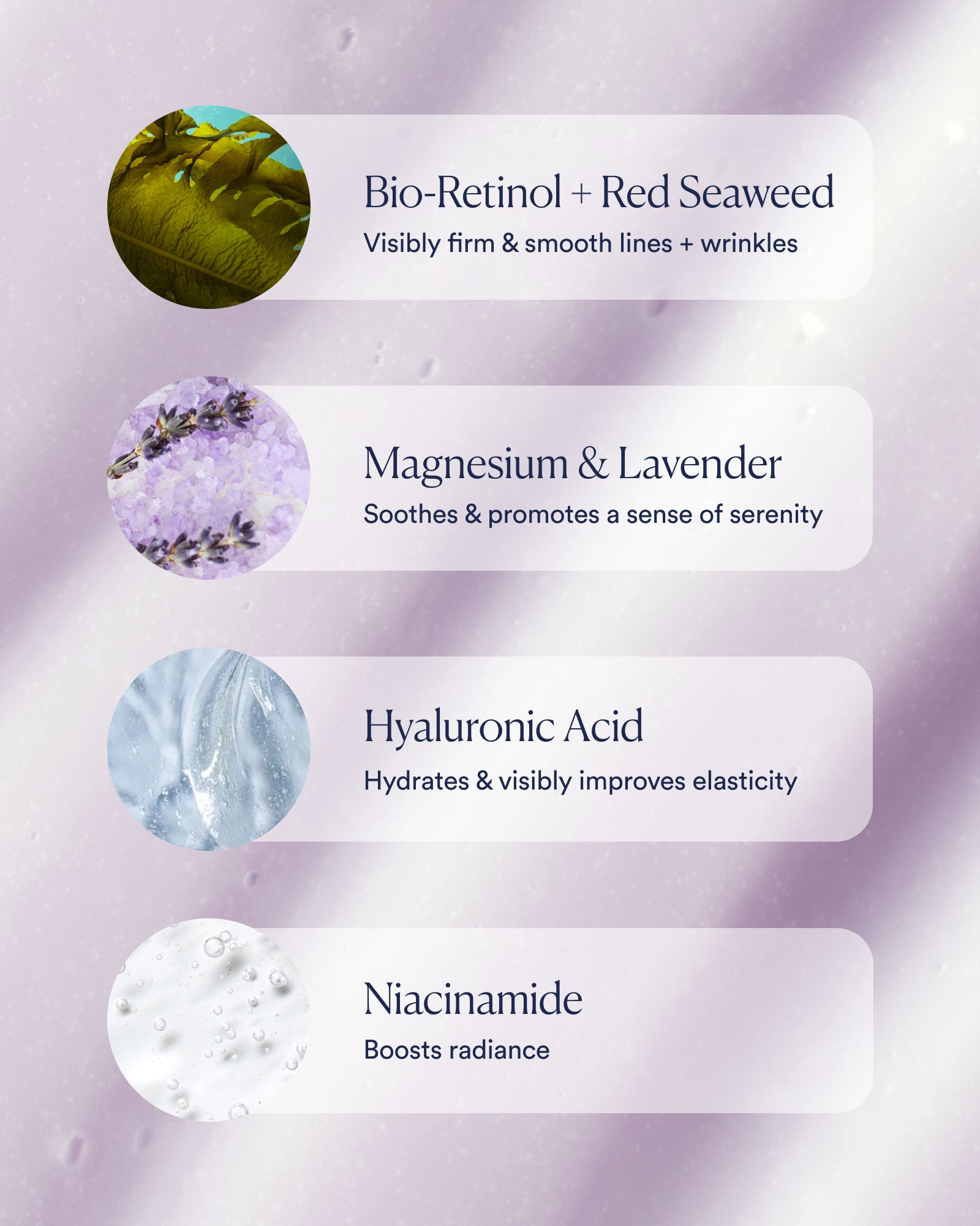 Skincare ingredients with their benefits on a purple background