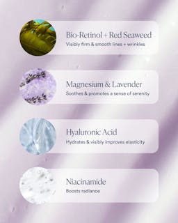 Skincare ingredients with their benefits on a purple background