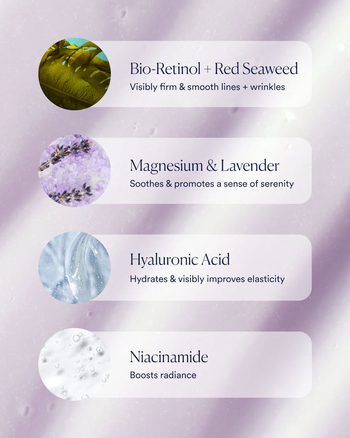 Skincare ingredients with their benefits on a purple background