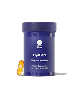 Blue container of HyaCera dietary supplement with a capsule on a white background