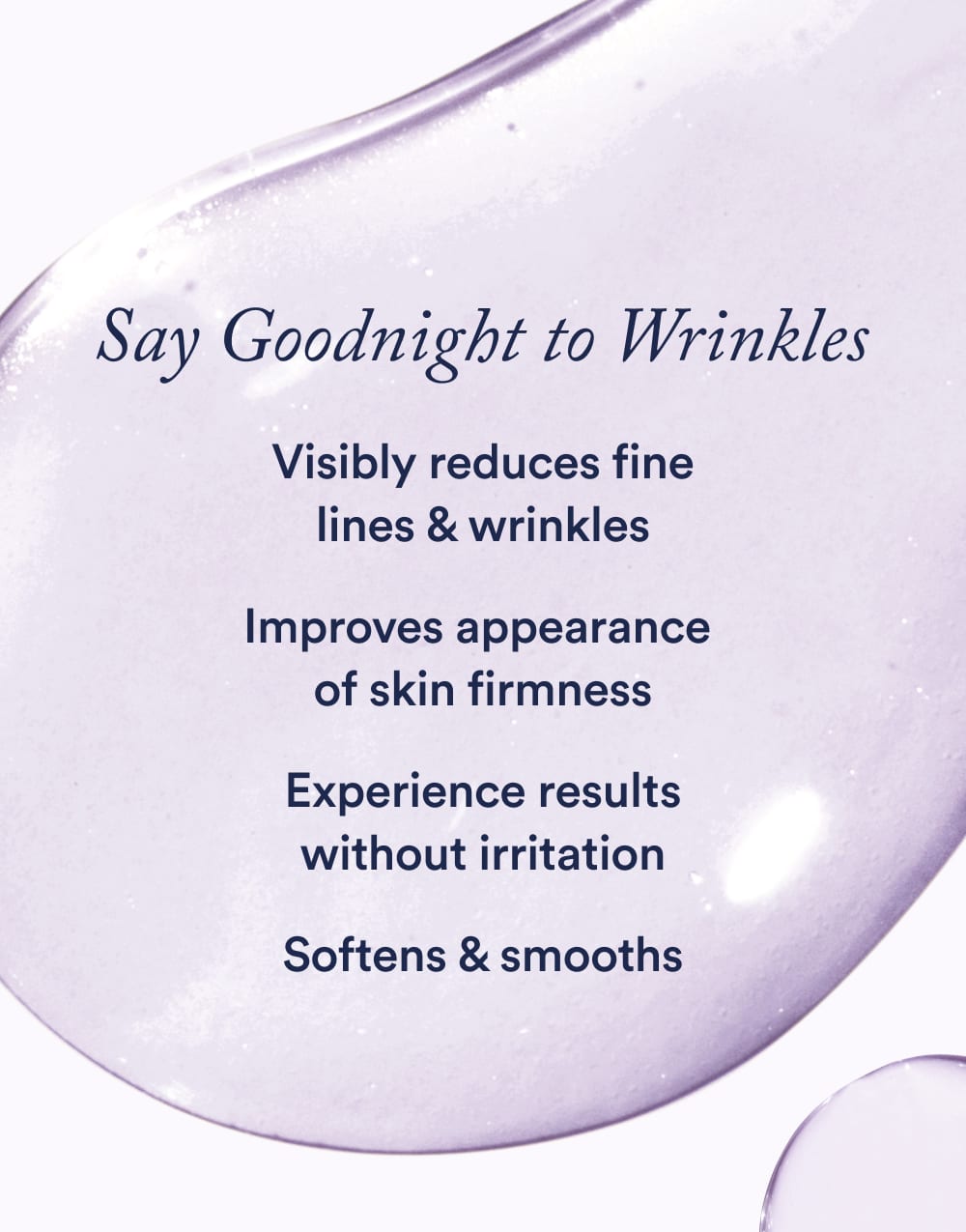 Key benefit slide listing wrinkle reduction, firming, and hydration with product image