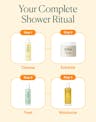 Step-by-step shower routine graphic: cleanse, exfoliate, treat, and moisturize using OSEA body care