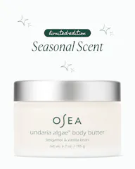 Closed jar of OSEA Undaria Algae Body Butter, Bergamot & Vanilla Bean, 6.7 oz, on a white background with a 'limited-edition Seasonal Scent' badge above it.